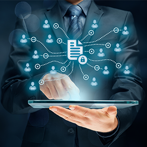 Person holding a tablet with a text file suspended above it. To the side is a paddlock emblem. Dotted lines extend from the document to icons representing people and laptops. Most of the lines are blocked by "x," indicating that the data are not being shared with these other people. Data sharing is sucessful in only four of the examples, which show the data reach their final destination. 