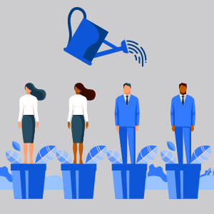 Artist's conception of how NCI fellowships help to grow data scientists. Shows drawing of two men and two women standing in separate flowerpots with a watering can overhead.