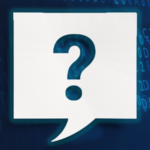 a blue question mark in a rectangular comment bubble. Decorative numbers in background. 
