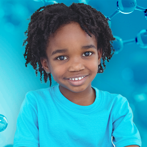 Girl with short dark hair and a teal shirt smiling. Background is teal.