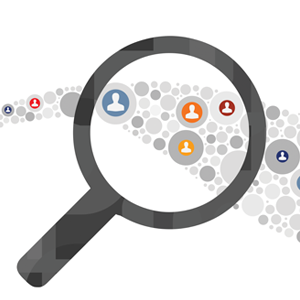 Spyglass hovers over a stream of circles containing illustrated headshots; signifies the idea of matching people to specific cancer treatments. 