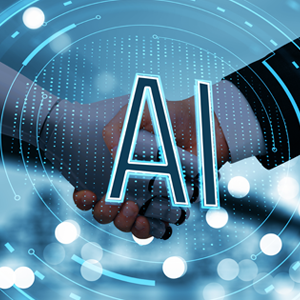 Two hands shaking, with the letters “AI” in the forefront. Signifies a new public-private partnership using artificial intelligence.    