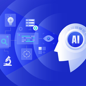 Head with the letters “A.I” shows how AI can help “see” research in a new way. The head is focusing on icons that represent pathology, research, imaging, and ideas—all of which come together to create a new perspective for cancer research. 